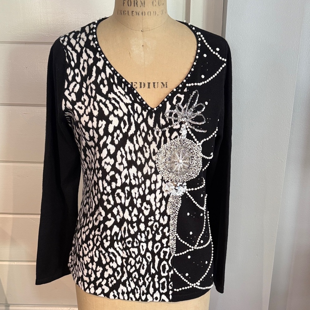 Vintage Jack B Quick Christmas Sweater Black & White embellished Ornament top L